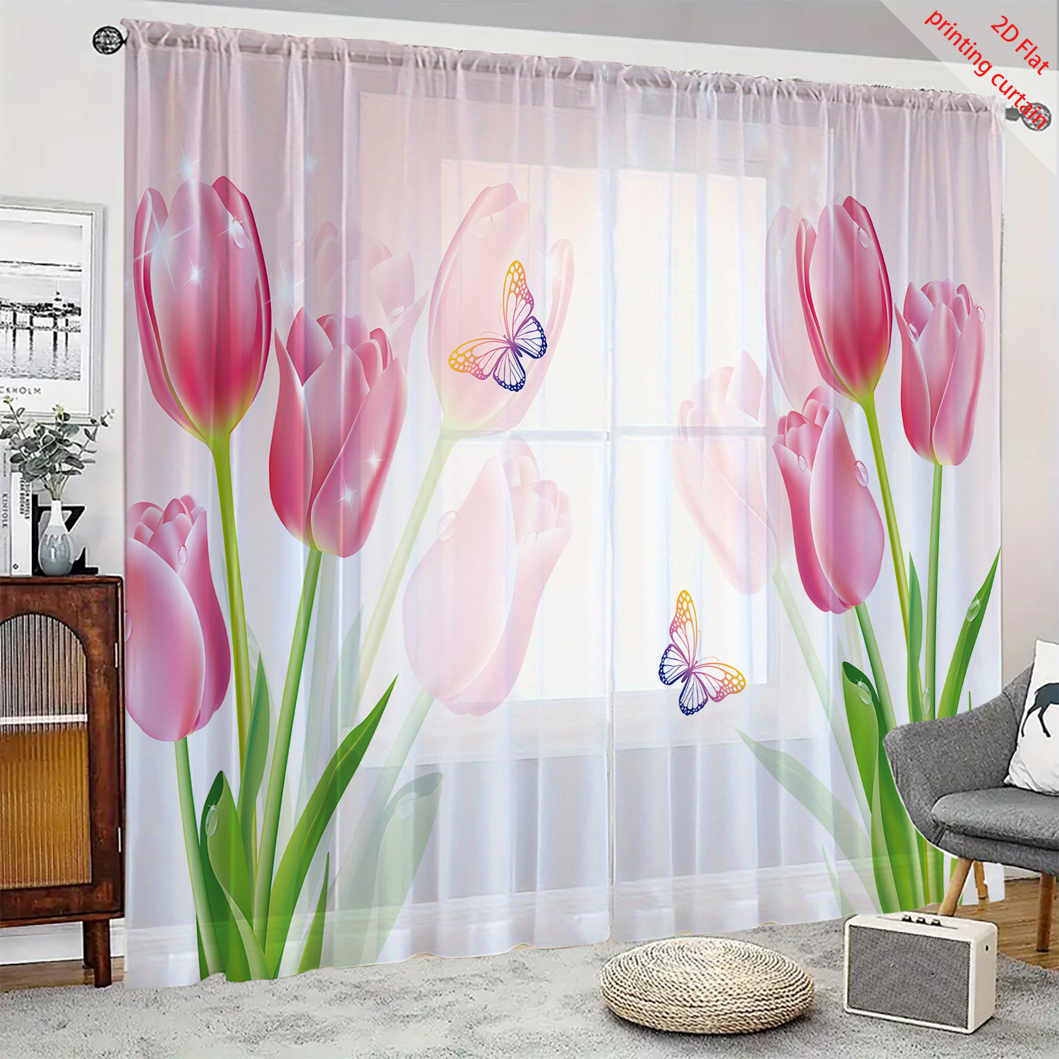 Home Decor Tulip - Прозрачная марлевая занавеска с принтом розовых