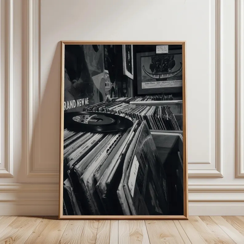 Home Decor Store - Современный магазин виниловых пластинок, черно-белая фотография,